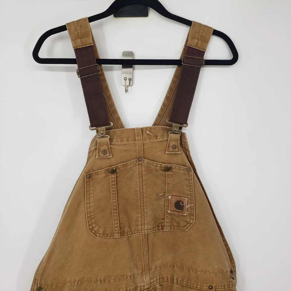 Vintage Carhartt Thrashed Duck Canvas Quilted Lined Bib Overalls 42x34 Distress